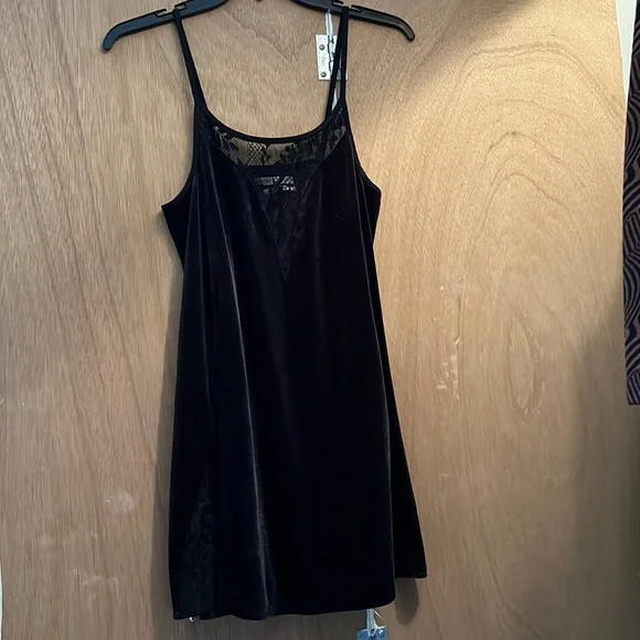 Urban Outfitters Black Velvet Baby Doll Slip Dress with Lace Detailing
